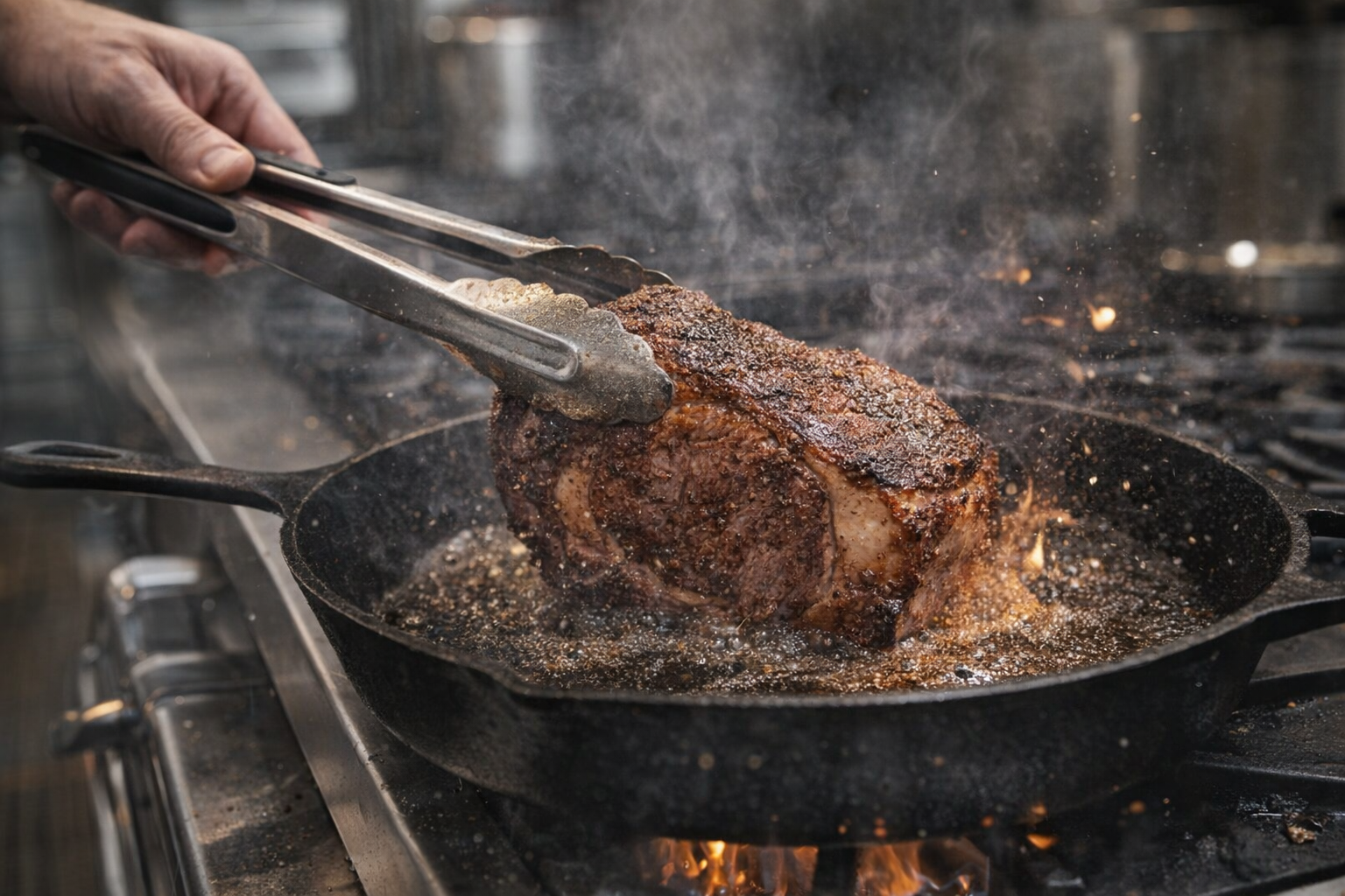 Action shot of a steak searing in a cast iron skillet, oil splattering, tongs holding the steak, high heat, professional kitchen setting